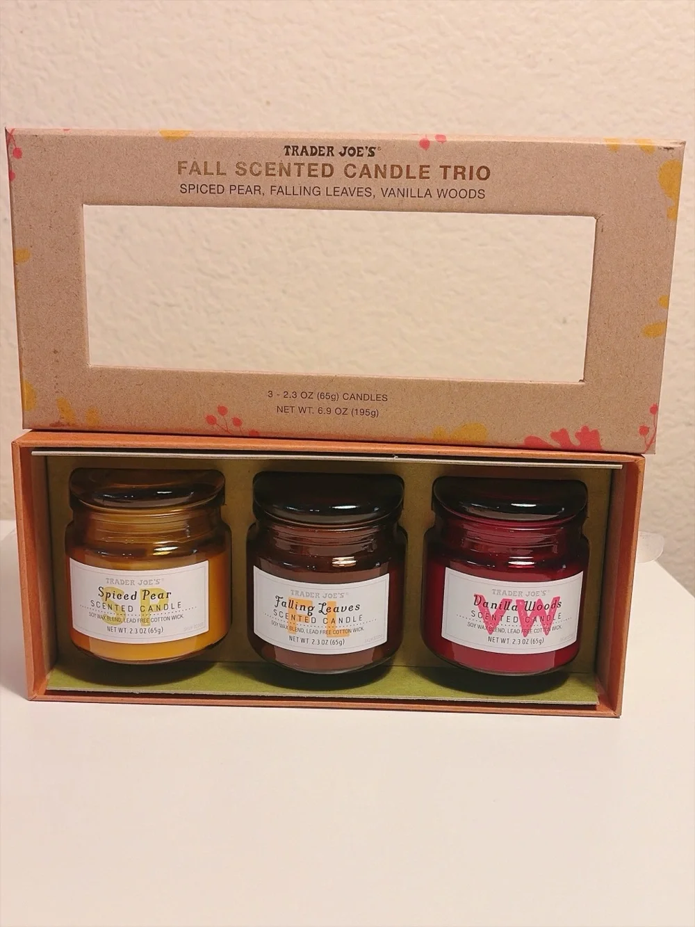 Trader Joe’s Fall Scented Candle Trio Spiced Pear Falling Leaves Vanilla Woods